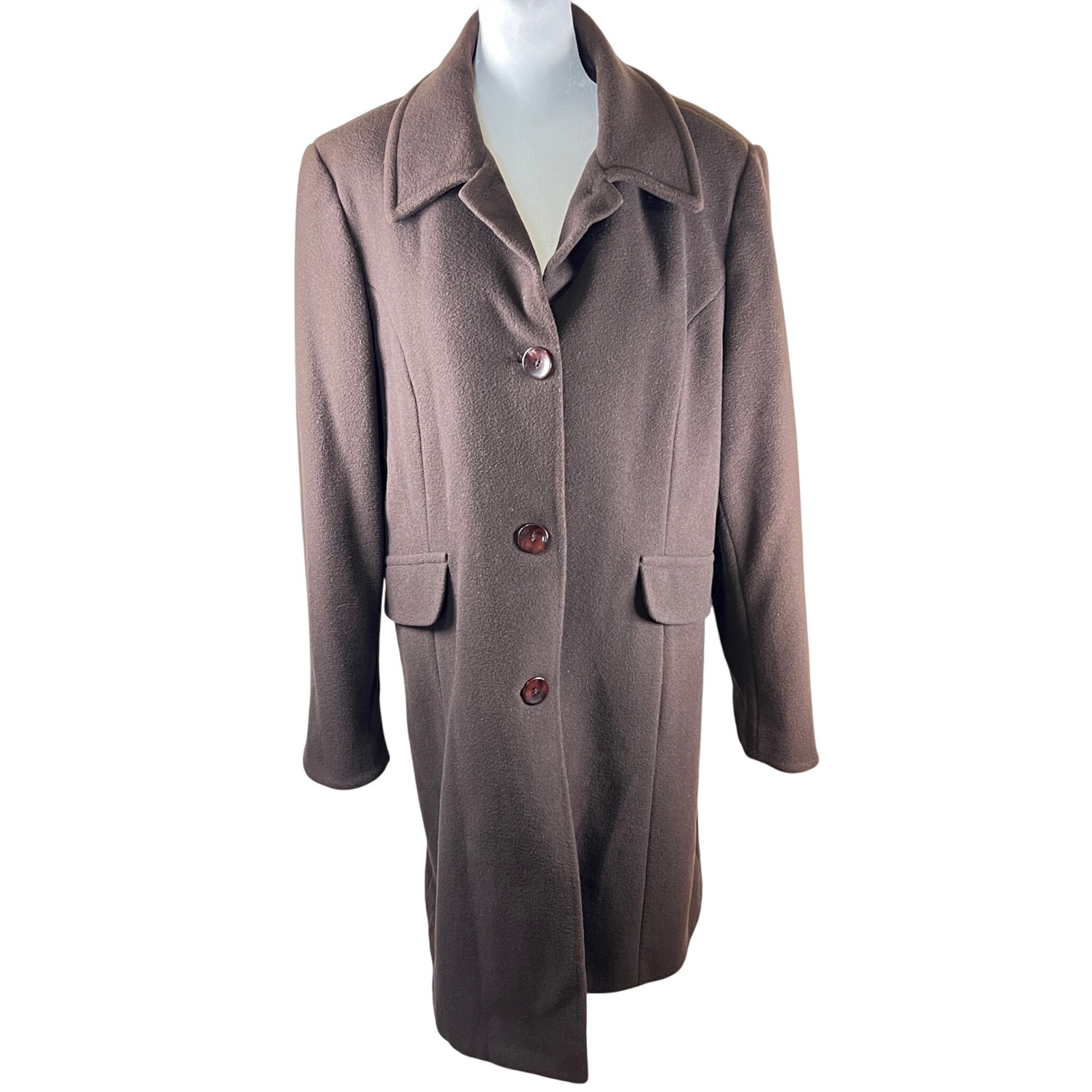 Worthington Women's Brown Wool Blend Button Front Knee Length Coat Size Large
